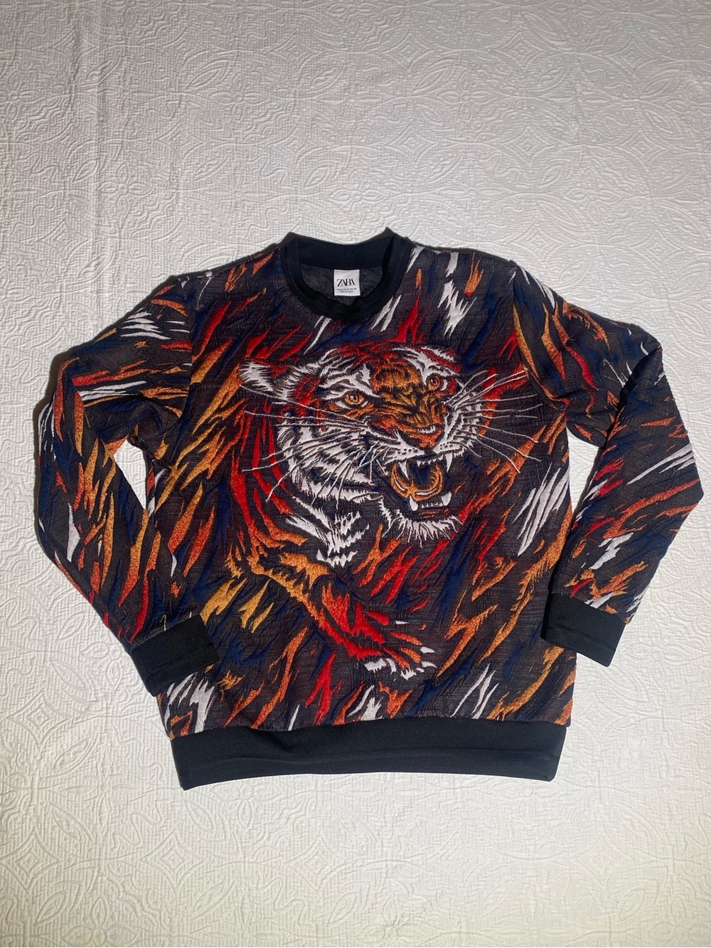Zara Men Black Sweater with Multicolor Tiger Motif
